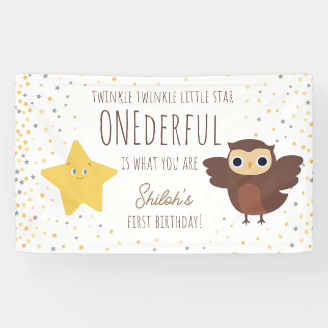 Twinkle Little Star with Friendly Owl 1st birthday Banner (Horizontal)