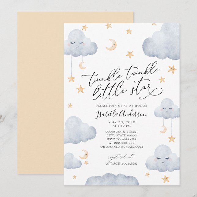 Twinkle Little Star Yellow Blue Baby Shower  Invitation (Front/Back)