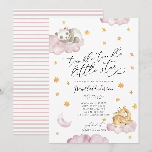 Twinkle Little Star Yellow Pink Girl Baby Shower Invitation (Front/Back)