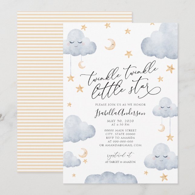 Twinkle Little Star Yellow Stripes Baby Shower  Invitation (Front/Back)