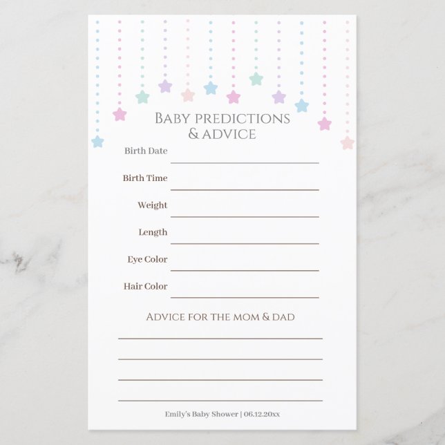 Twinkle Little Stars Baby Shower Guessing Game (Front)