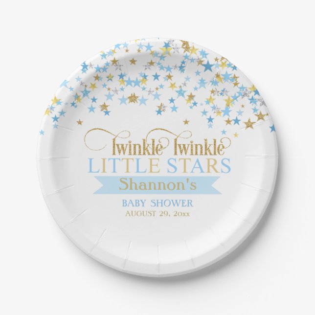 Twinkle Little Stars Baby Twin Boys Blue Gold Paper Plate (Front)