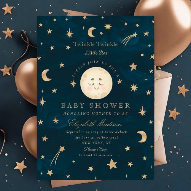 Twinkle Little Stars Cute Moon  Baby Shower  Invitation (Creator Uploaded)