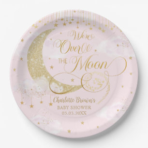 Twinkle Little Stars Moon Pastel Pink Baby Shower Paper Plate