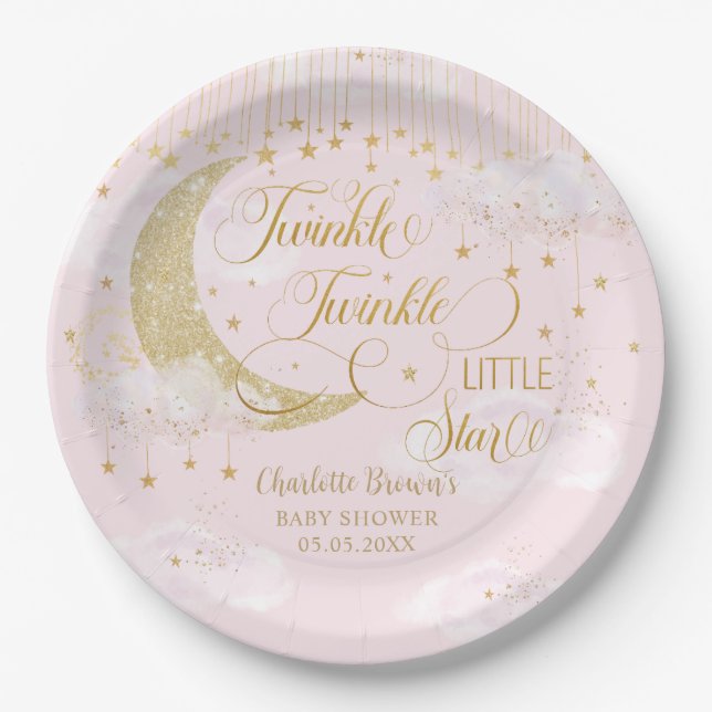 Twinkle Little Stars Moon Pastel Pink Baby Shower Paper Plate (Front)