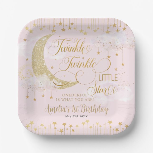Twinkle Little Stars Moon Pink One 1st Birthday Paper Plate (Front)