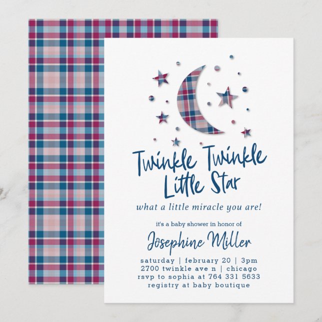 Twinkle Little Stars Plaid Baby Shower Invitation (Front/Back)