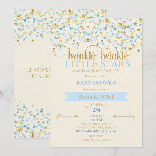 Twinkle Little Stars Twin Baby Boys Gold Blue Invitation (Front/Back)