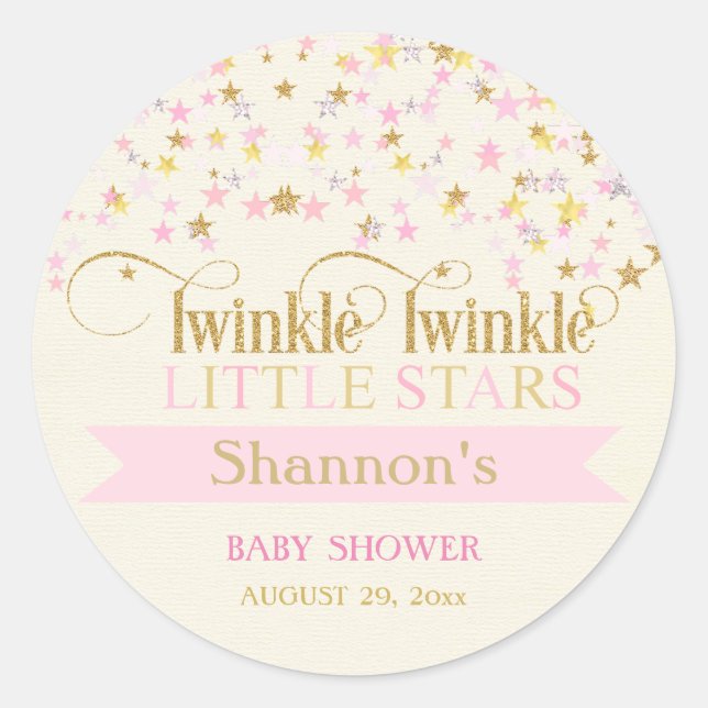 Twinkle Little Stars Twins Baby Shower Pink Gold Classic Round Sticker (Front)