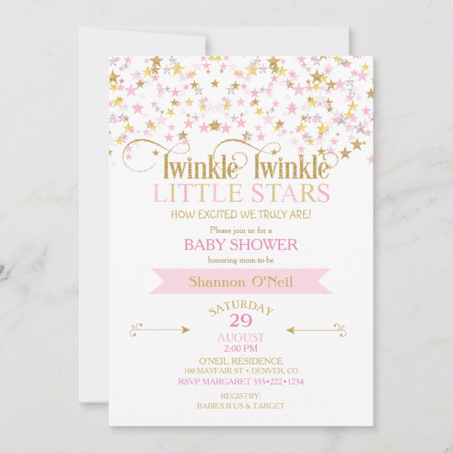 Twinkle Little Stars Twins Baby Shower Pink Gold Invitation (Front)