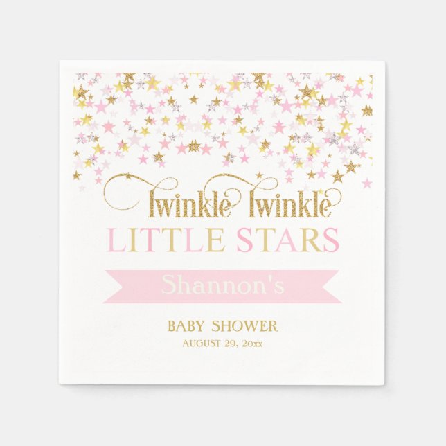 Twinkle Little Stars Twins Baby Shower Pink Gold Napkin (Front)