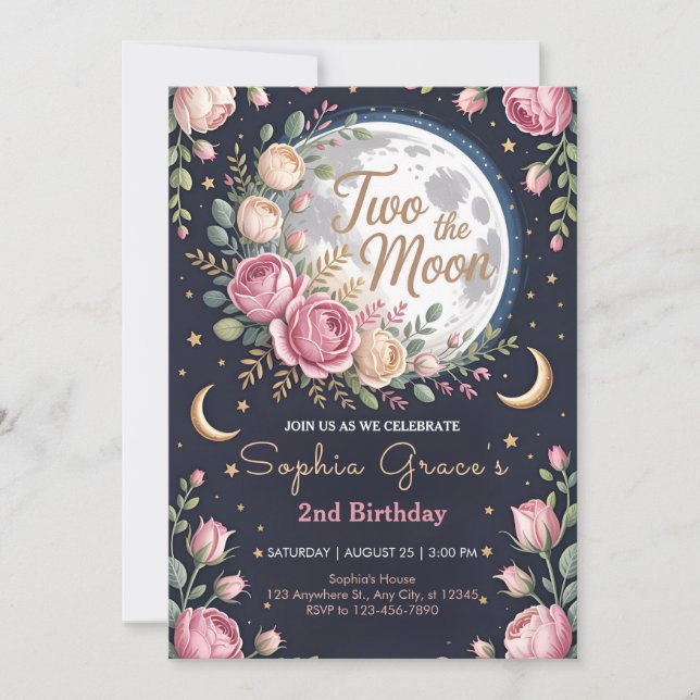 Twinkle Moon and Roses 2nd Birthday Invitation (Front)
