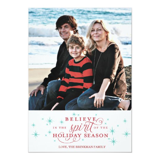 Twinkle Red Script & Blue Stars Holiday Photo Card
