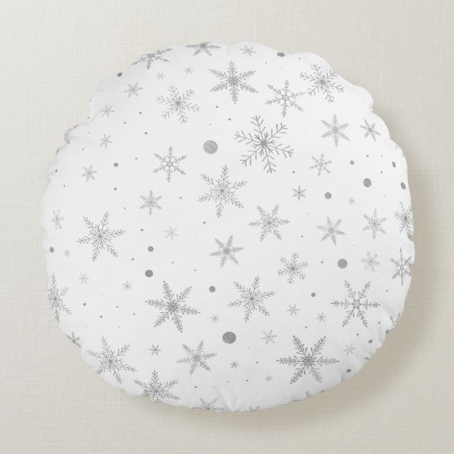 Twinkle Snowflake -Silver Grey & White- Round Cushion (Front)