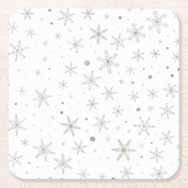 Twinkle Snowflake -Silver Grey & White- Square Paper Coaster (Front)