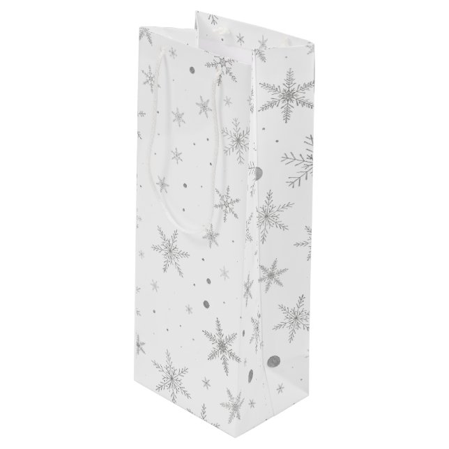 Twinkle Snowflake -Silver Grey & White- Wine Gift Bag (Front Angled)