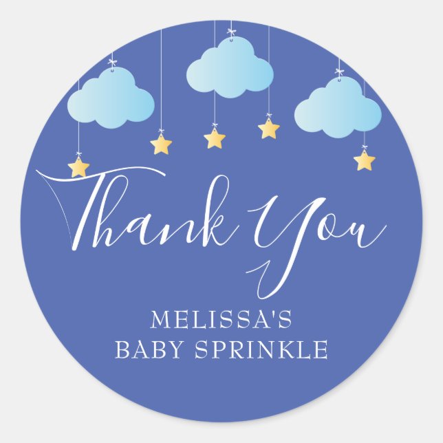 Twinkle sprinkle little star baby shower blue classic round sticker (Front)
