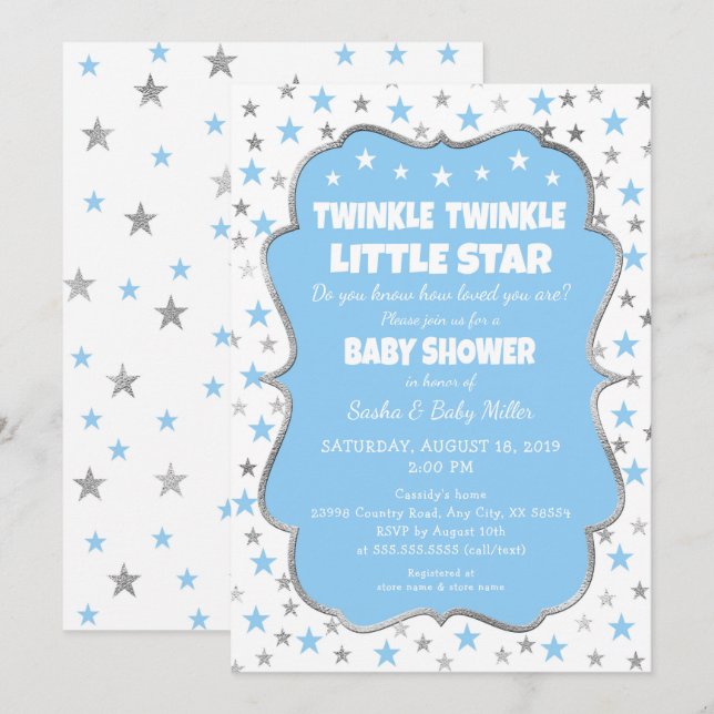 Twinkle Star Baby Shower blue silver invitations (Front/Back)