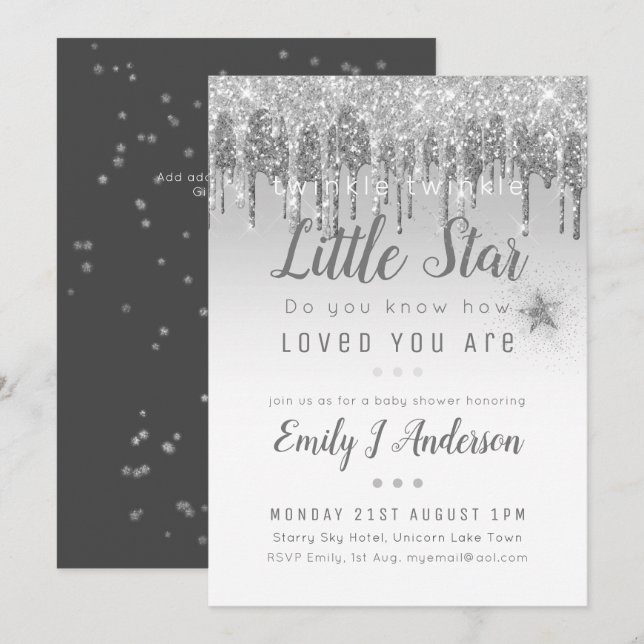 TWINKLE STAR Baby Shower Silver Grey Glitter Invitation (Front/Back)