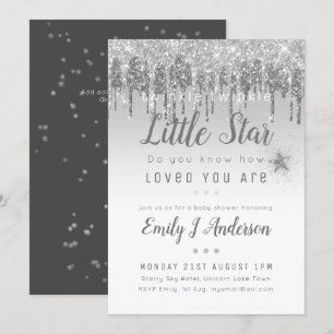 TWINKLE STAR Baby Shower Silver Grey Glitter Invitation