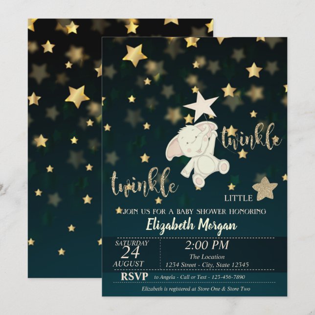 Twinkle Star Black,Gold, Bear Baby Shower Invitation (Front/Back)