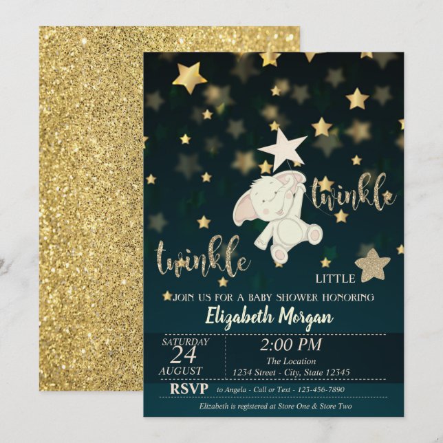 Twinkle Star Black,Gold Glitter, Bear Baby Shower Invitation (Front/Back)