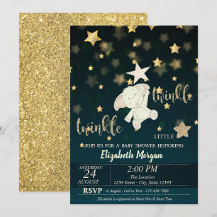 Twinkle Star Black,Gold Glitter, Bear Baby Shower Invitation