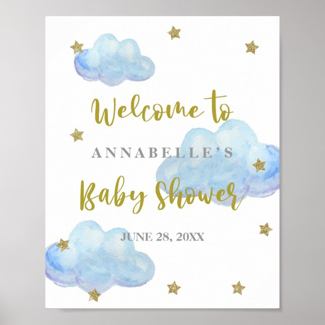 Twinkle Star Blue Clouds Baby Shower Welcome Poster (Front)