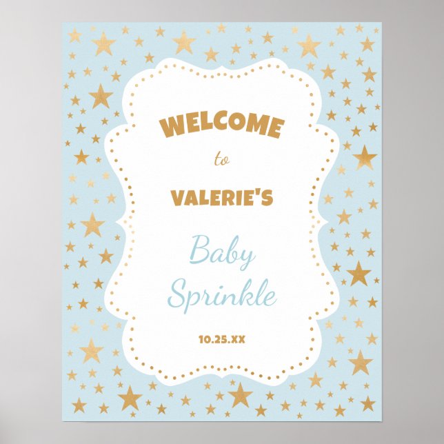 Twinkle Star blue gold baby shower welcome sign (Front)