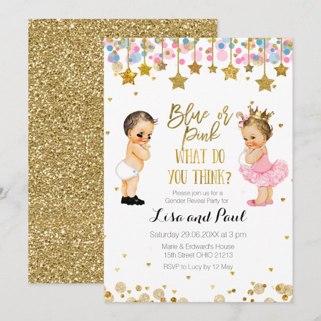 Twinkle Star Blue or Pink Gender Reveal Invitation (Front/Back)