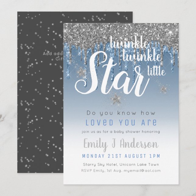 Twinkle Star Blue Silver Drip Glitter Baby BOY Invitation (Front/Back)