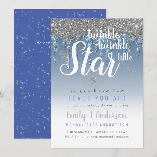 Twinkle Star Blue Silver Drip Glitter Baby BOY Invitation (Front/Back)