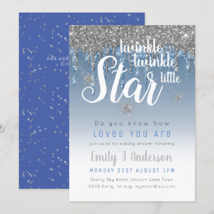 Twinkle Star Blue Silver Drip Glitter Baby BOY Invitation