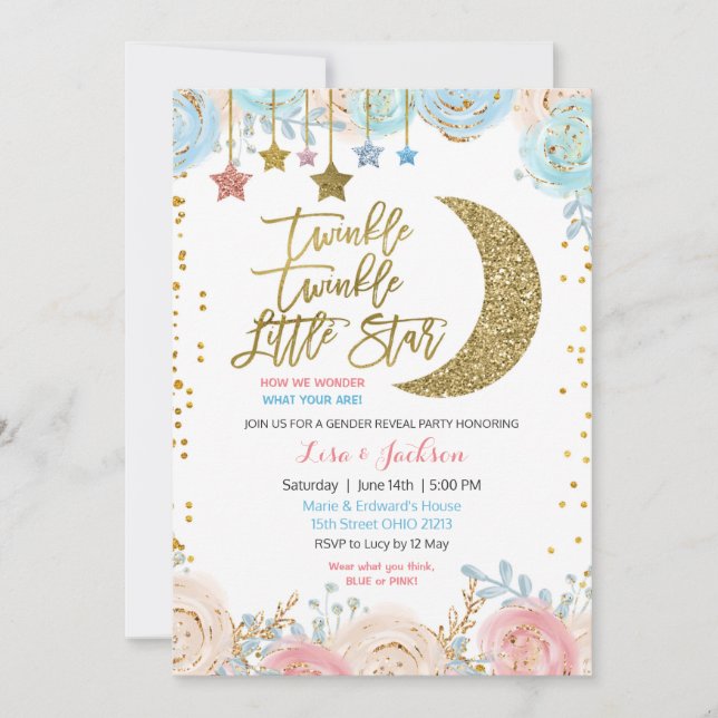 Twinkle Star Gender Reveal Invitation, Girl or Boy Invitation (Front)