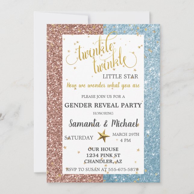 Twinkle Star Glitter Gold Gender Reveal Party Invitation (Front)