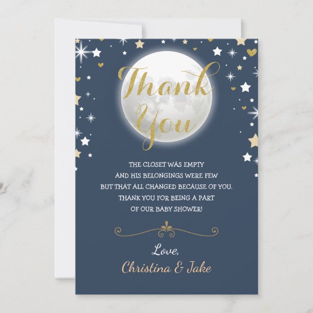 Twinkle Star Glitter Navy Gold Moon Baby Shower Thank You Card (Front)