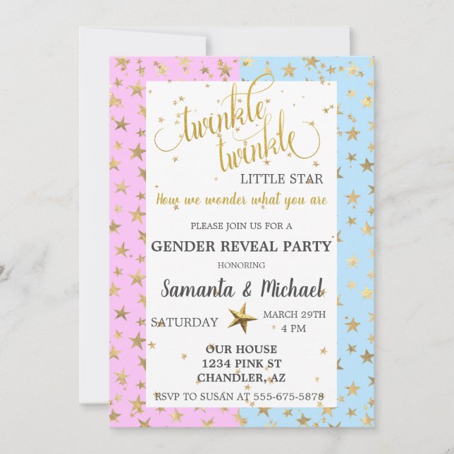 Twinkle Star Gold Metallic Gender Reveal Party Invitation (Front)