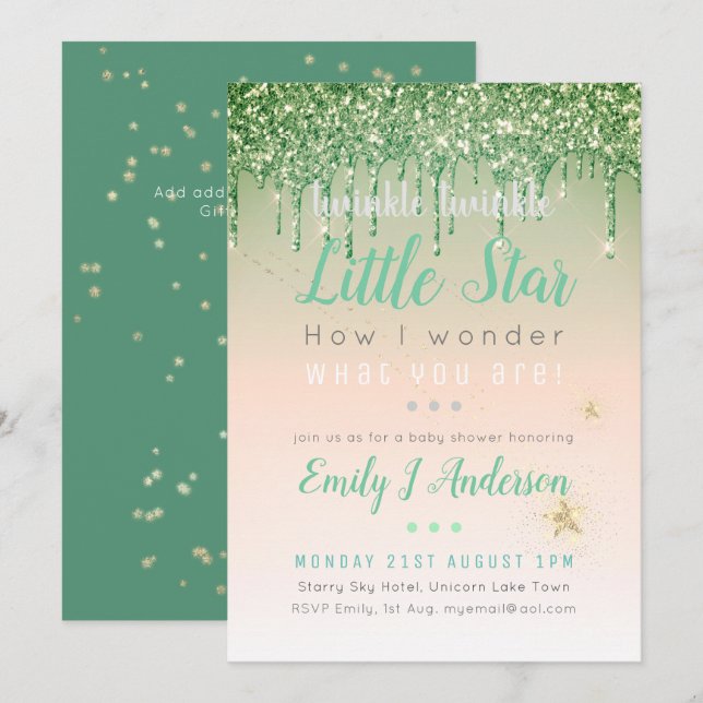 TWINKLE STAR Green Pink Gold Glitter Baby Girl Invitation (Front/Back)