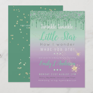 TWINKLE STAR Green Purple Drip Glitter Baby Gender Invitation