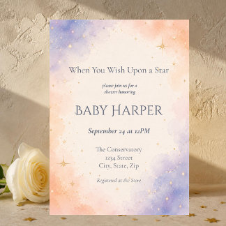 Twinkle Star Peach Periwinkle Celestial Baby Invitation