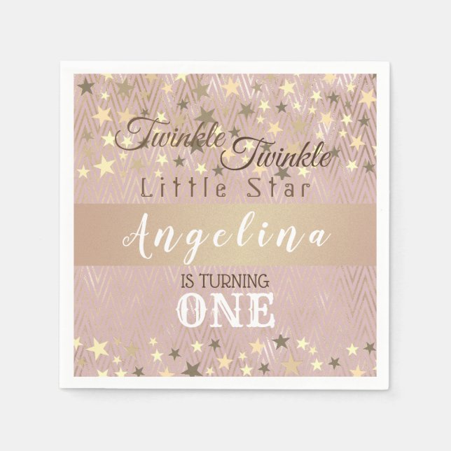 Twinkle Star Pink and Gold 1st Birthday Napkin (Front)