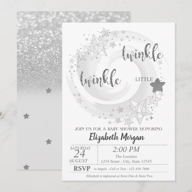 Twinkle Star Silver Glitter Baby Shower Invitation (Front/Back)