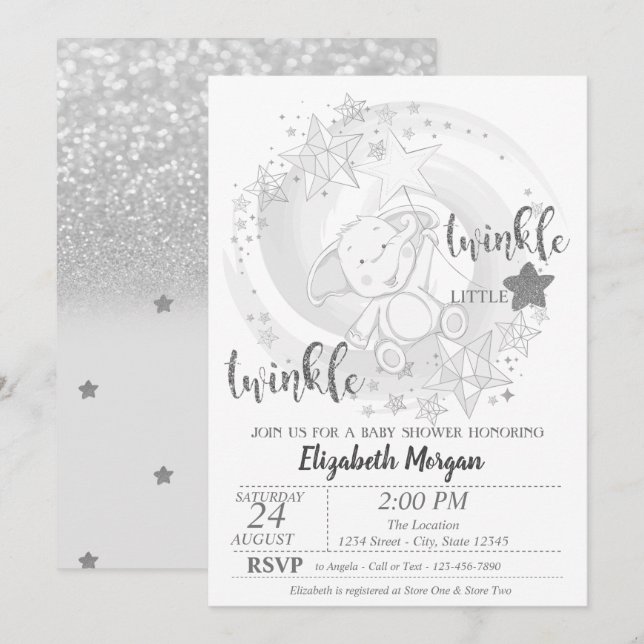 Twinkle Star Silver Glitter,Bear Baby Shower Invitation (Front/Back)