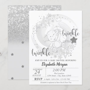 Twinkle Star Silver Glitter,Bear Baby Shower Invitation