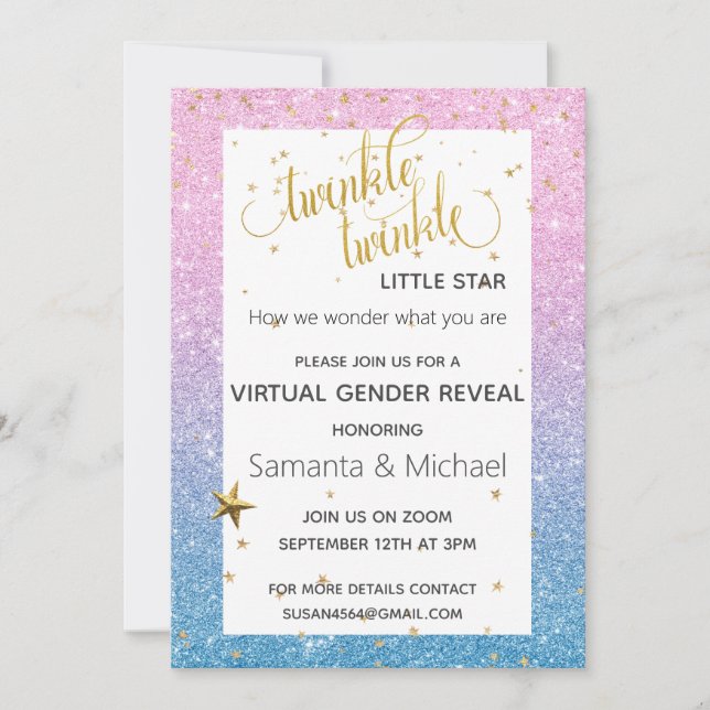Twinkle Star Virtual Glitter Gender Reveal Party Invitation (Front)
