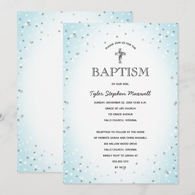 Twinkle Stars and Cross Blue Baby Boy Baptism Invitation (Front/Back)