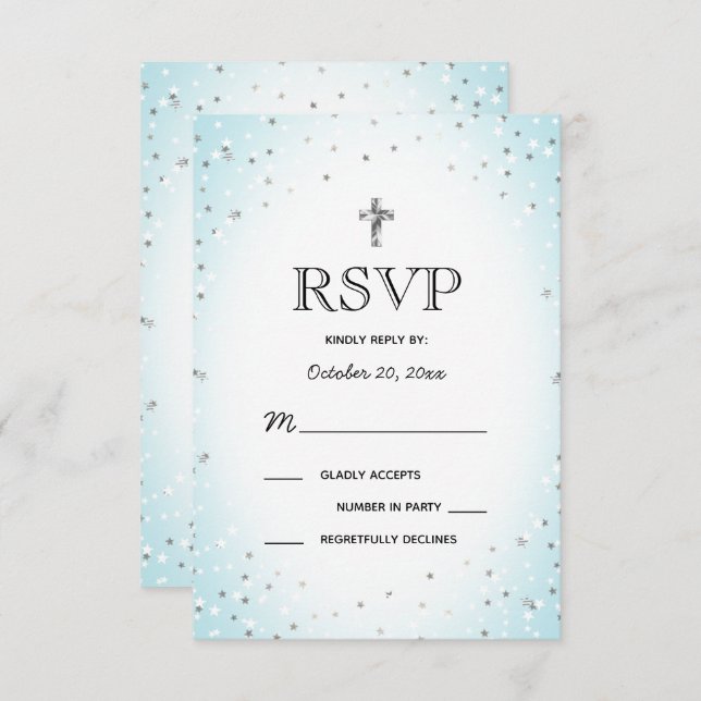 Twinkle Stars and Cross Blue Baby Boy Baptism RSVP Invitation (Front/Back)