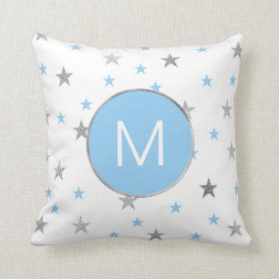 Twinkle Stars Baby Boy Nursery Decor, blue silver Cushion