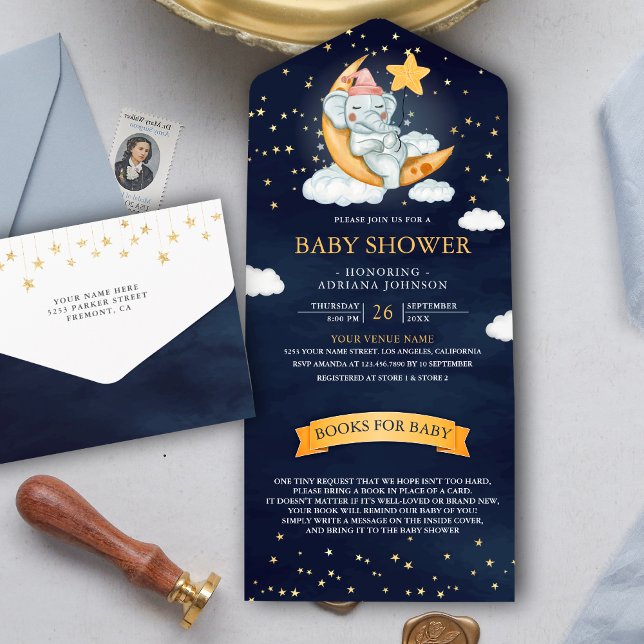 Twinkle Stars Moon Navy Blue Elephant Baby Shower All In One Invitation (Creator Uploaded)