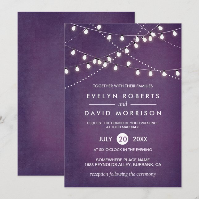 Twinkle String Lights Dark Purple Outdoor Wedding Invitation (Front/Back)